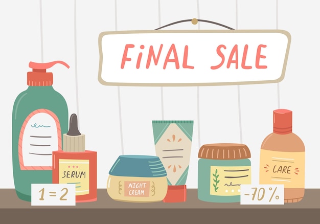 Vector illustration of a store counter with discounts on cosmetics Promotion and sale