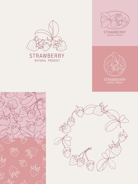 Vector illustration strawberry fruits vintage minimalist style Logos set composition in retro botanical style Seamless paattern