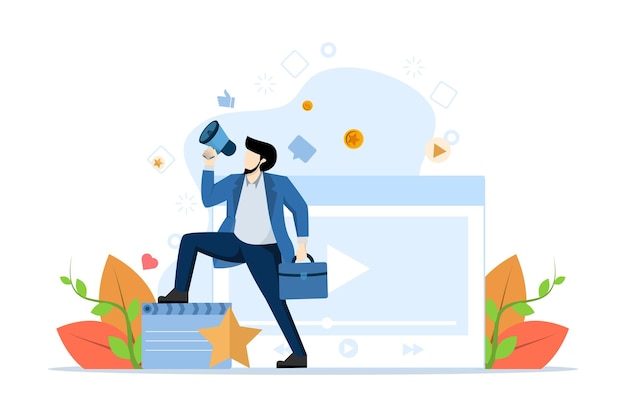 vector illustration of Streaming cinema Concept with Man with megaphone promoting and watching