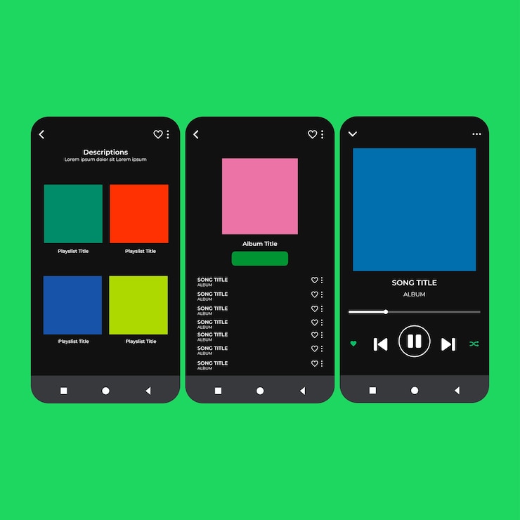 Vector vector illustration streaming music app with playlist display isolated in green background