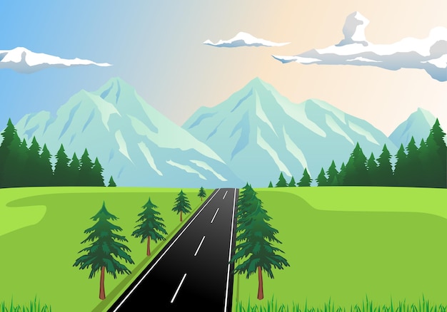 通りと山の風景のベクトル イラスト