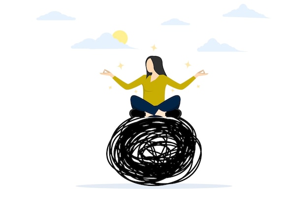 Vector illustration of stress management concept with woman in lotus meditation on chaos line