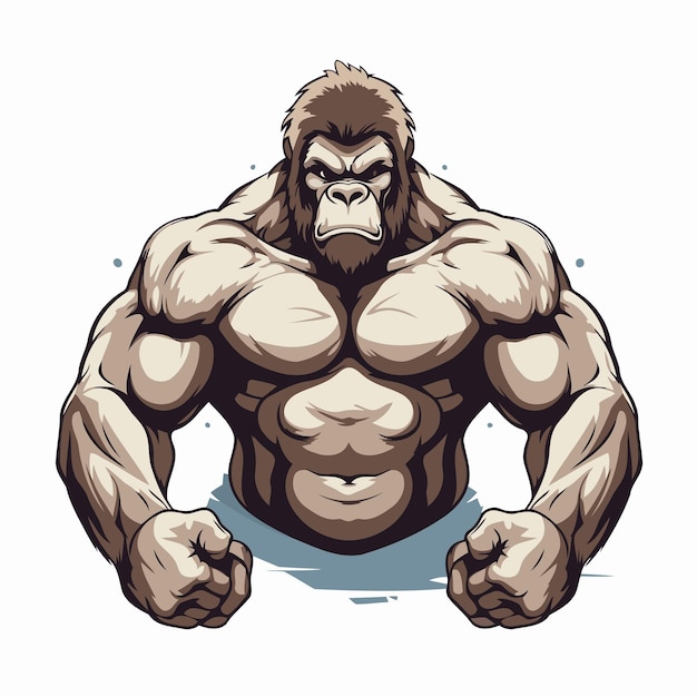 Vector vector illustration of a strong gorilla bodybuilder with big muscles on isolated white background