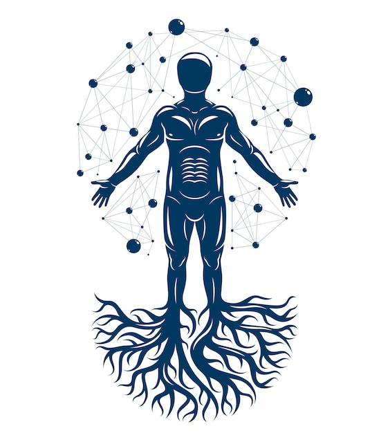 흰색으로 분리되고 과학적 분자 연결과 나무 뿌리를 사용하여 만든 강한 남성의 벡터 삽화. 생명 공학 및 의료, 분자 공학 개념.