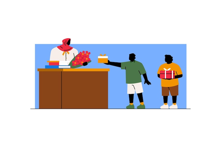 Vector vector illustration of students giving teacher gifts