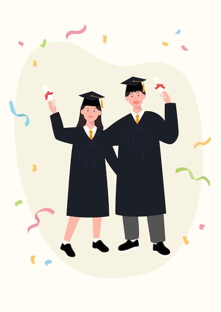 Vector vector illustration of students in graduation gowns