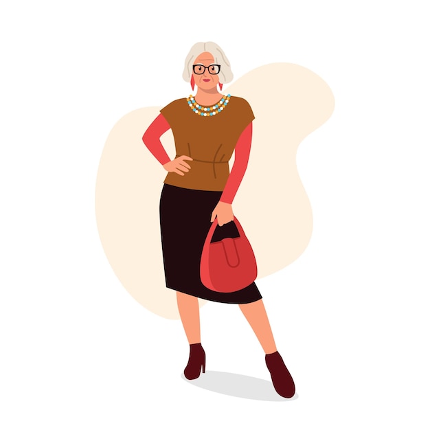 ベクトルイラスト スタイリッシュな高齢女性 カートゥーンシーン 美しい高齢女性 灰色のを着て ベスト ミディスカート ハイヒール ハンドバッグ 白い背景に隔離されたスタイリシュジュエリー