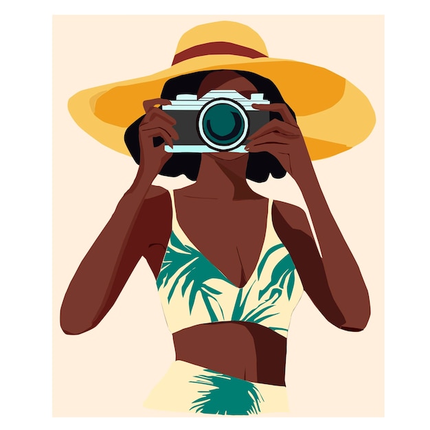 vector illustration of a stylish woman in a tropical outfit and sun hat taking a photo with a camera