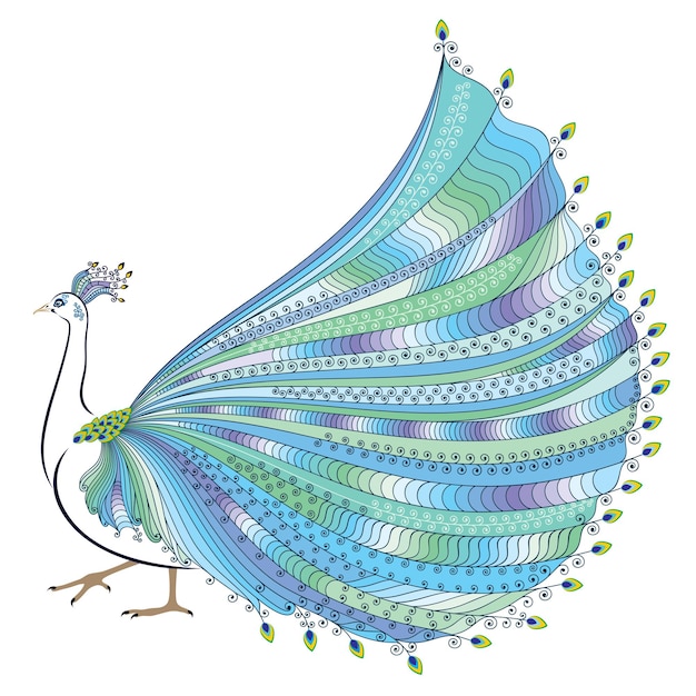 Векторная иллюстрация стилизованного абстрактного павлина на белом фоне