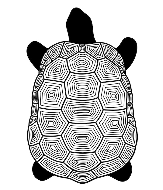 Векторная иллюстрация стилизованной декоративной черепахи черного цвета, изолированная на белом фоне.