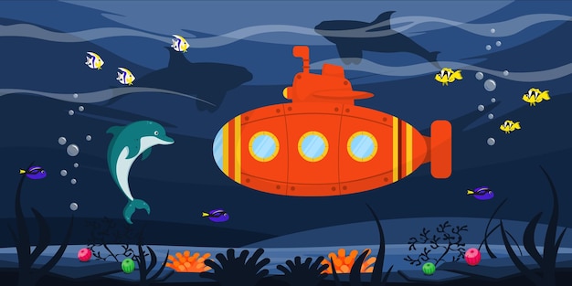 Illustrazione vettoriale di un sottomarino che si tuffa nelle profondità dell'oceano vista dalla flora e dalla fauna locali delfini spugne coralline e anemone immersione del batiscafo nel mare profondo