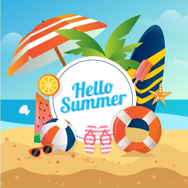 Vector illustration of summer beach background with volley ball glasses surfing board for social media