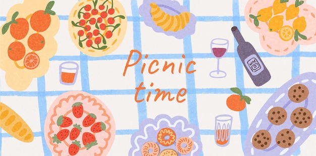 vector illustration of summer picnic food and drinks on plaid blanket with fruits snacks desserts