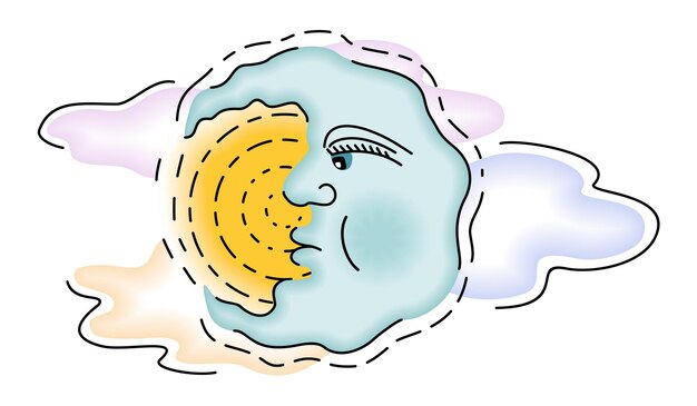 Vector illustration of sun, moon and clouds isolated on whaite background.