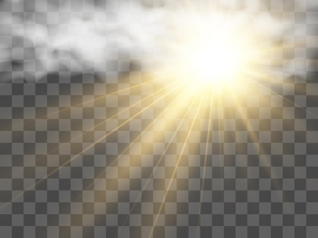 Illustrazione vettoriale del sole che splende attraverso le nuvole. luce del sole. vettore nuvoloso.