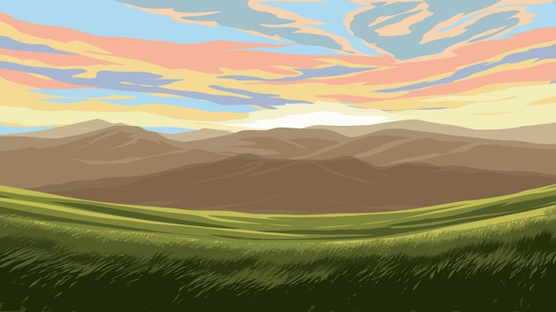 Vector illustration of sunrise with mountains and field