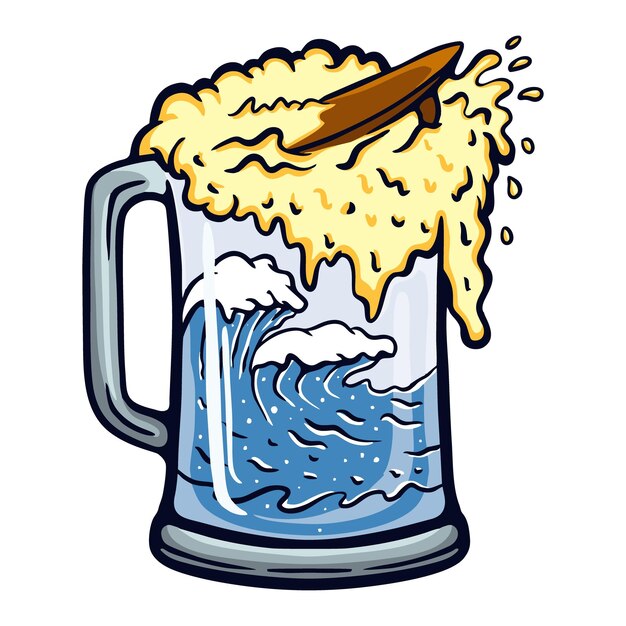 Vector vector illustration surfing beer with waves and surf on the glass