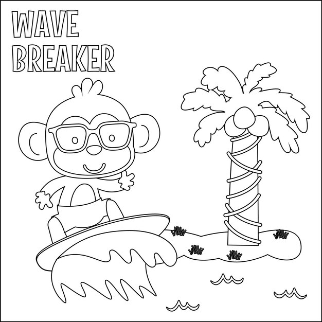 Vector illustration of surfing time with cute little monkey at summer beach colouring book or page