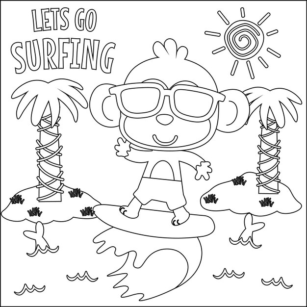 Vector illustration of surfing time with cute little monkey at summer beach colouring book or page