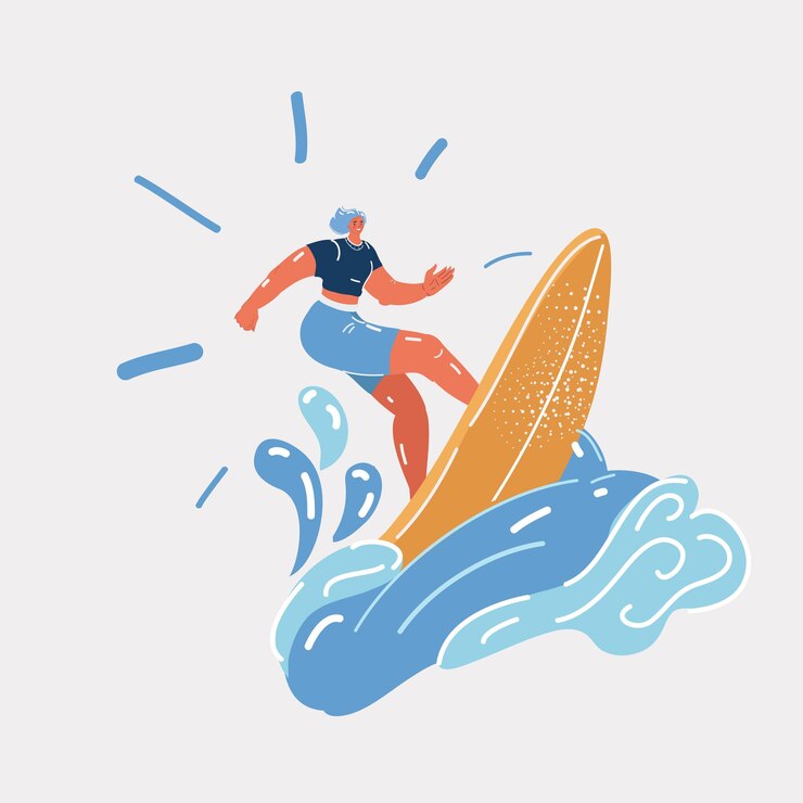 Vector 바다나 바다에서 수영복을 입은 서핑 여성의 벡터 그림