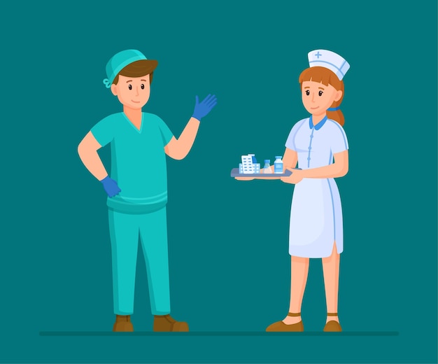 Vector illustration of surgeon and nurse Medical team isolated on blue background