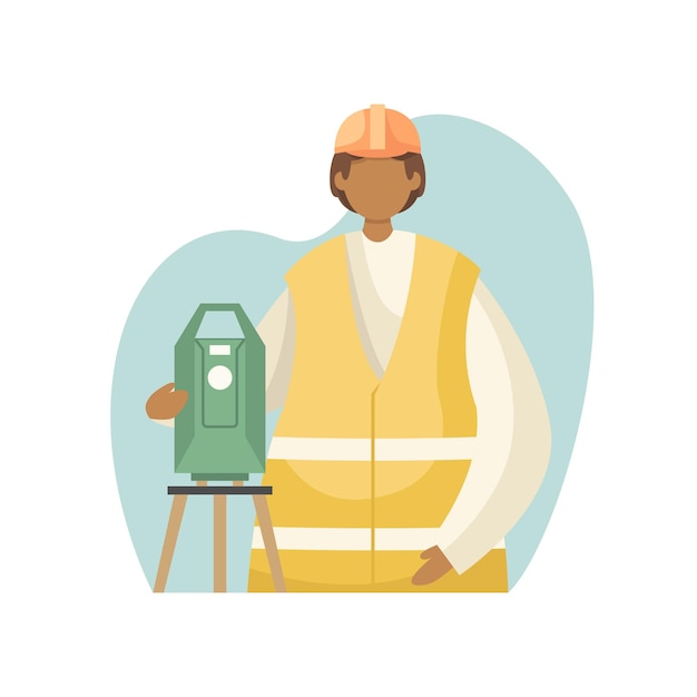 Vector vector illustration of a surveyor in uniform with a theodolite on a tripod professions