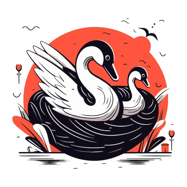 Vector vector illustration of a swan on a background of a sunset