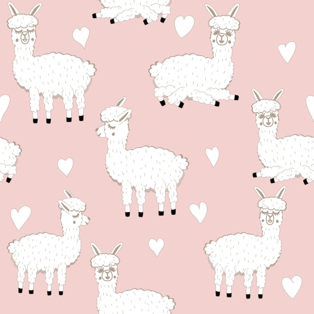 Vector illustration of sweet llama or alpaca and cactus seamless pattern of hand draw llama south americas llama illustration pattern for fabric wallpaper for kids goods cute alpaca