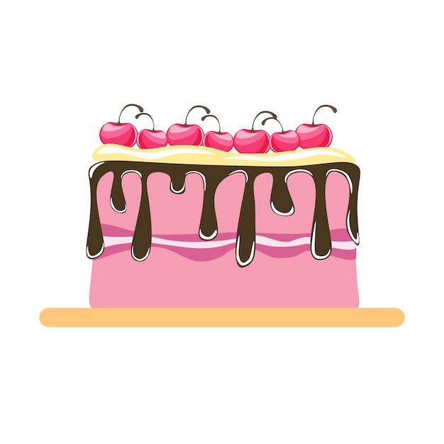 Vector vector illustration of sweet pink cherry fruit cake on white background