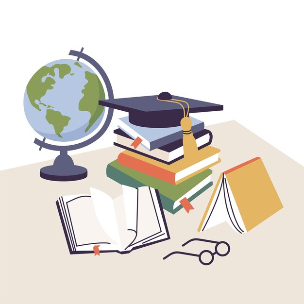 Vector illustration table with stacks of books and shool globe compas and pencil graduation cap educational items