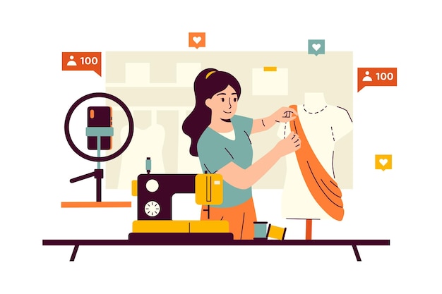 Vector illustration of tailor blogger showing the process of creating fashionable clothes on camera