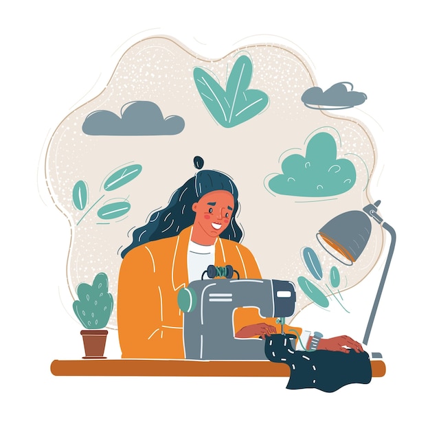 vector illustration of tailoring process woman behind her sewing machine