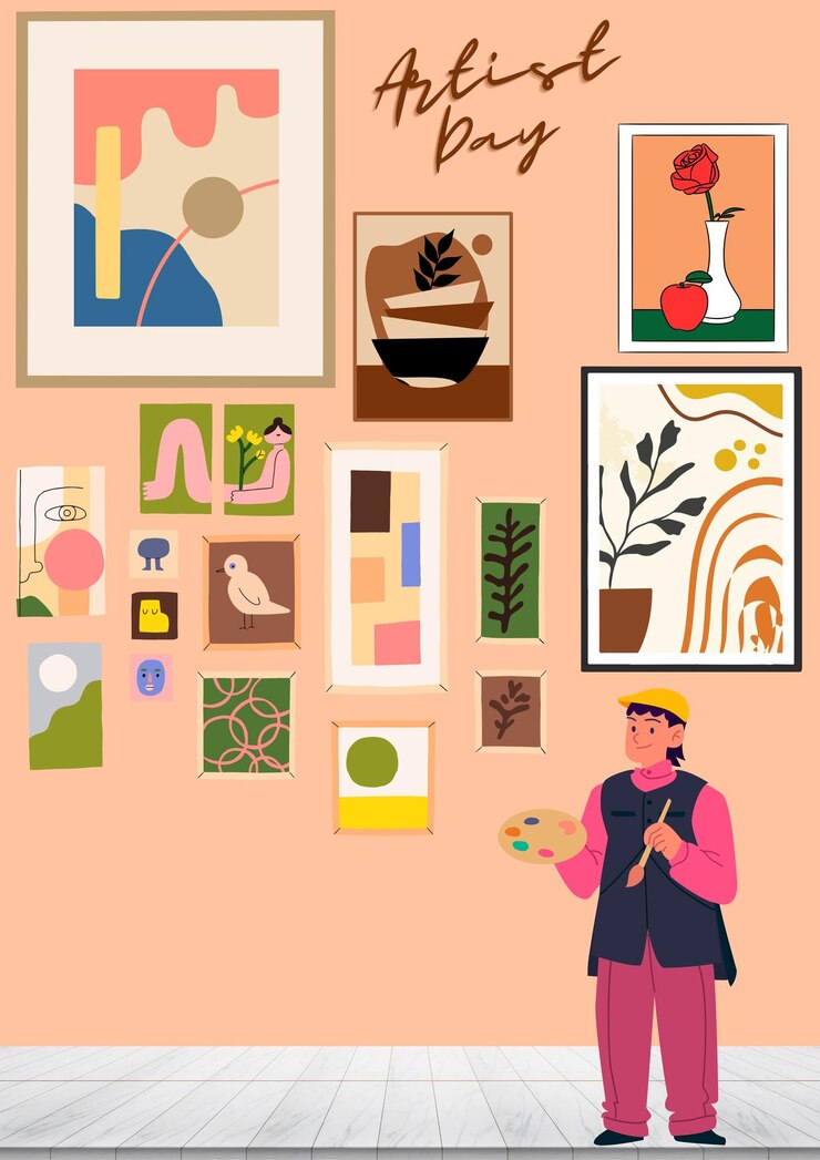 Vector vector illustration of talented male artist with various paintings displayed on the wall
