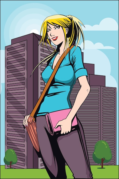 Vector illustration of a tall young woman goes to college in simple clothes with shoulder bag and book in hand