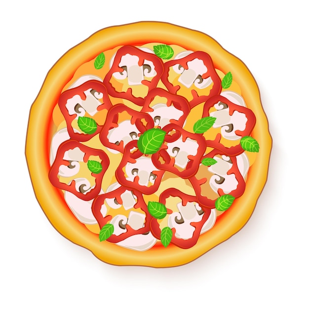 Vector illustration of Tasty, flavorful pizza isolated on white background. Vegetarian pizza with mushrooms and red bell pepper.