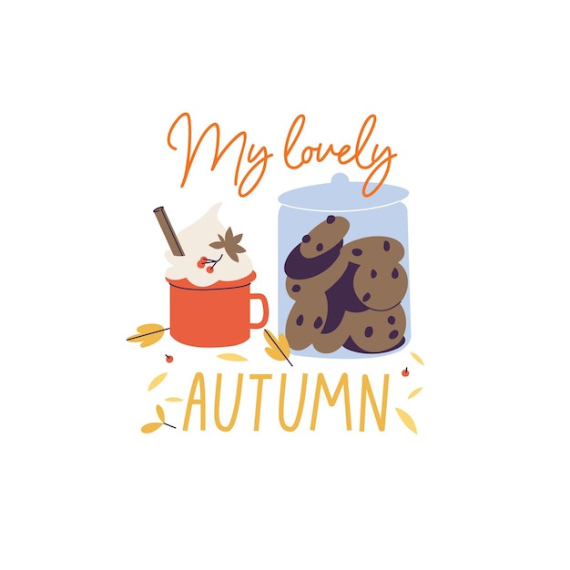 Vector illustration tasty spicy latte in red cup and jar of chocolate chip cookies and with autumn leaves around Fall lettering