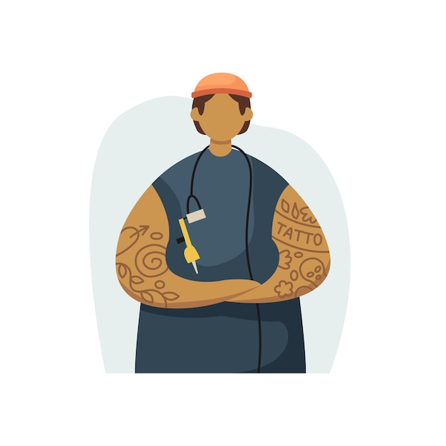 Vector illustration of a tattoo artist in a hipster outfit and a tattoo gun Profession Flat style