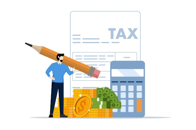 キャラクターと税金を計算するラップトップを使用した納税フォームまたは納税フォームのコンセプトのベクトル イラスト