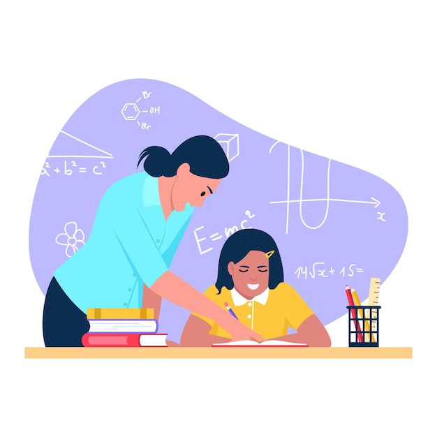 Vector vector illustration of teacher cartoon scene with teacher and girl doing math blackboard with different formulas books on white background