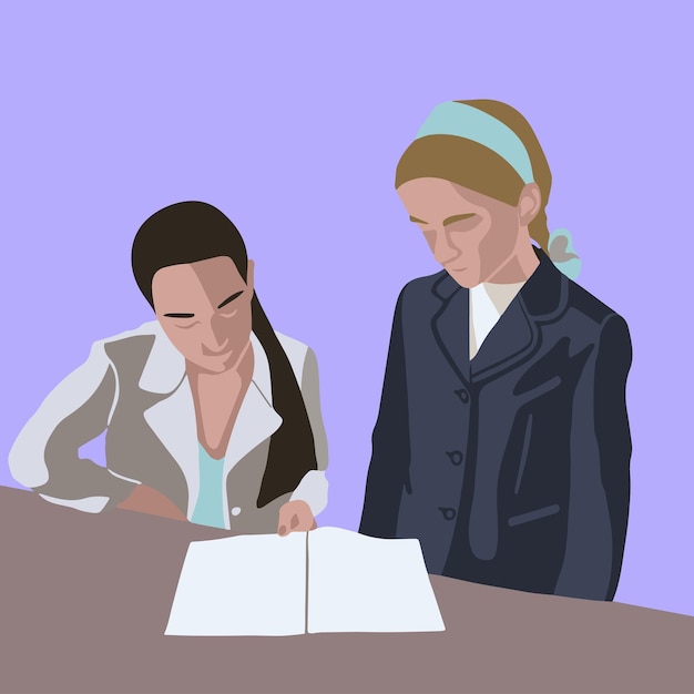 Vector illustration of a teacher and a student The teacher checks the completion of the task