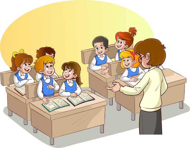 vector illustration of teacher and students in classroom