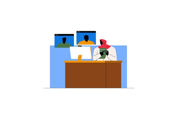 Vector illustration of teacher teaches via video call