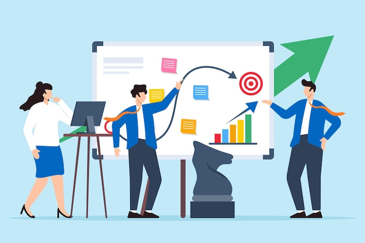 Vector vector illustration of team developing sales strategy with sticky notes on whiteboard revenue growth
