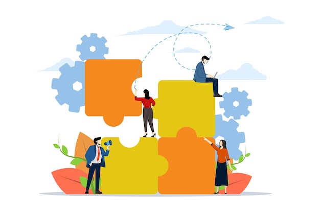 vector illustration of teamwork together in company with people compiling puzzles