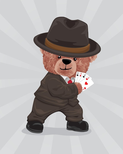 Illustrazione vettoriale di orsacchiotto in tuta che indossa il cappello a bombetta che tiene la carta da gioco degli assi