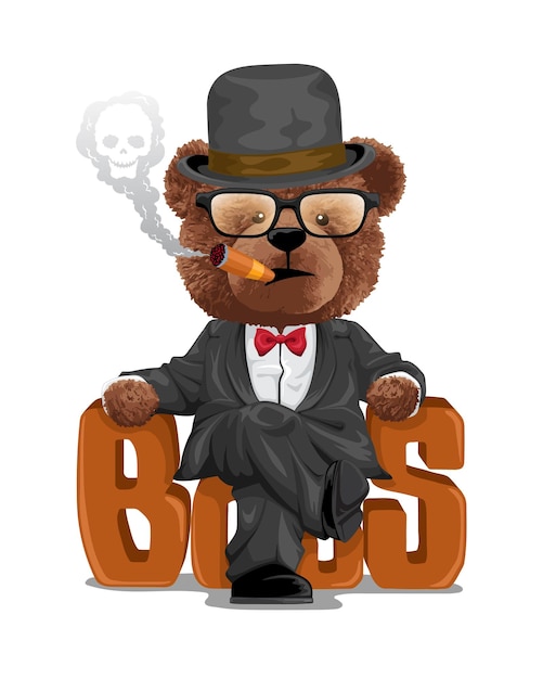 Vector illustration of teddy bear in suit wearing bowler hat sitting on boss text while smoking