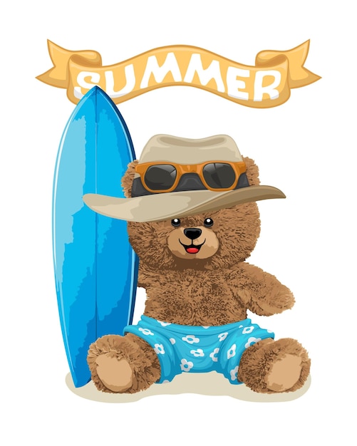 Vector illustration of teddy bear in summer clothes with surfboard