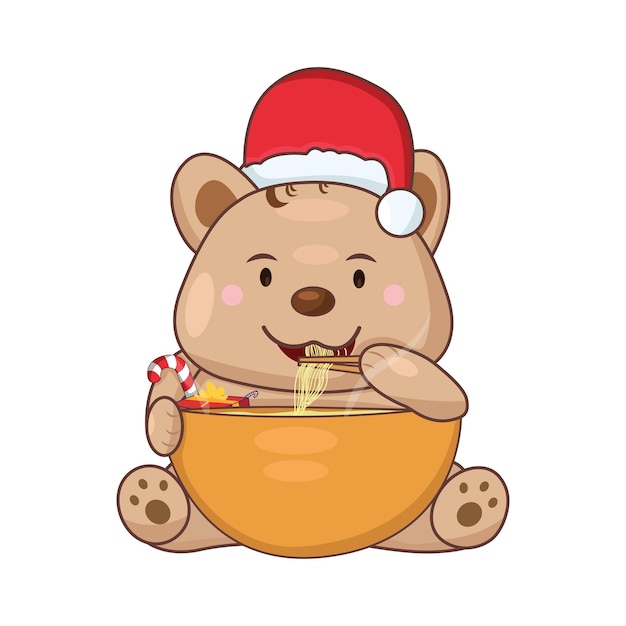 Vector illustration of a teddy bear wearing Santa hat isolated on white background.