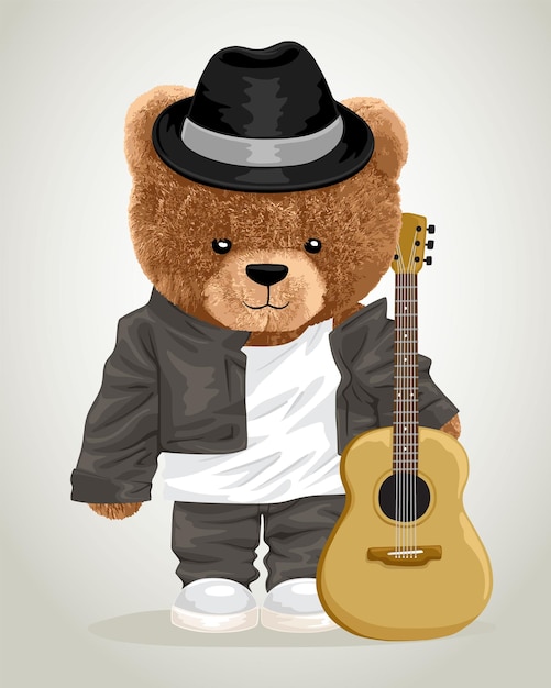 Vector illustration of teddy bear with acoustic guitar