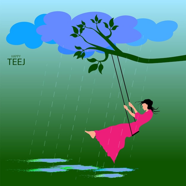 Vettore illustrazione vettoriale di teej festival india donna che oscilla su un albero